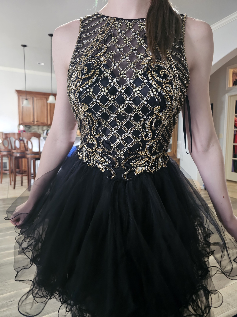 Black & Gold Beaded Tulle Hoco Dress